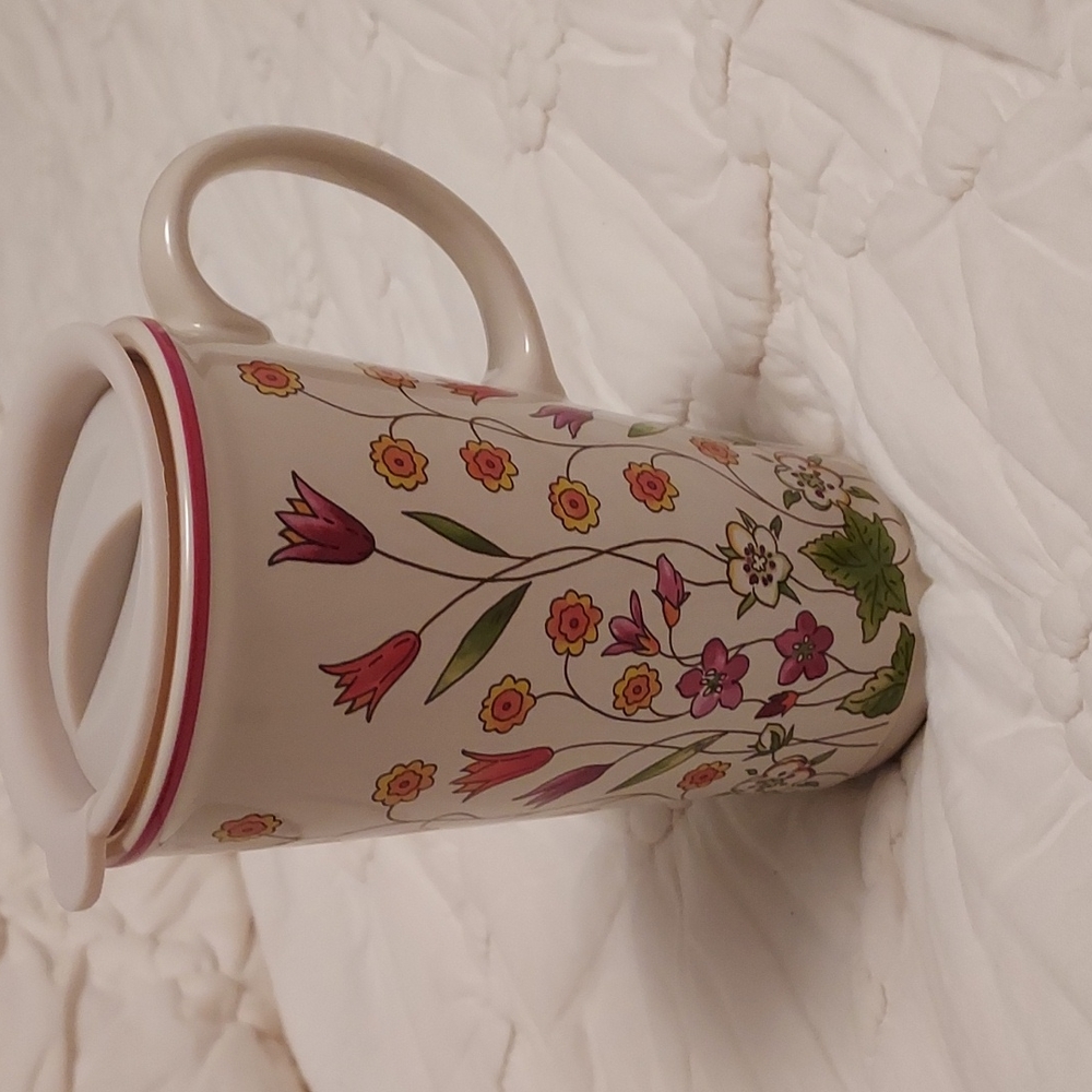 Longaberger White Floral Travel Mug with Pink and Green Accents